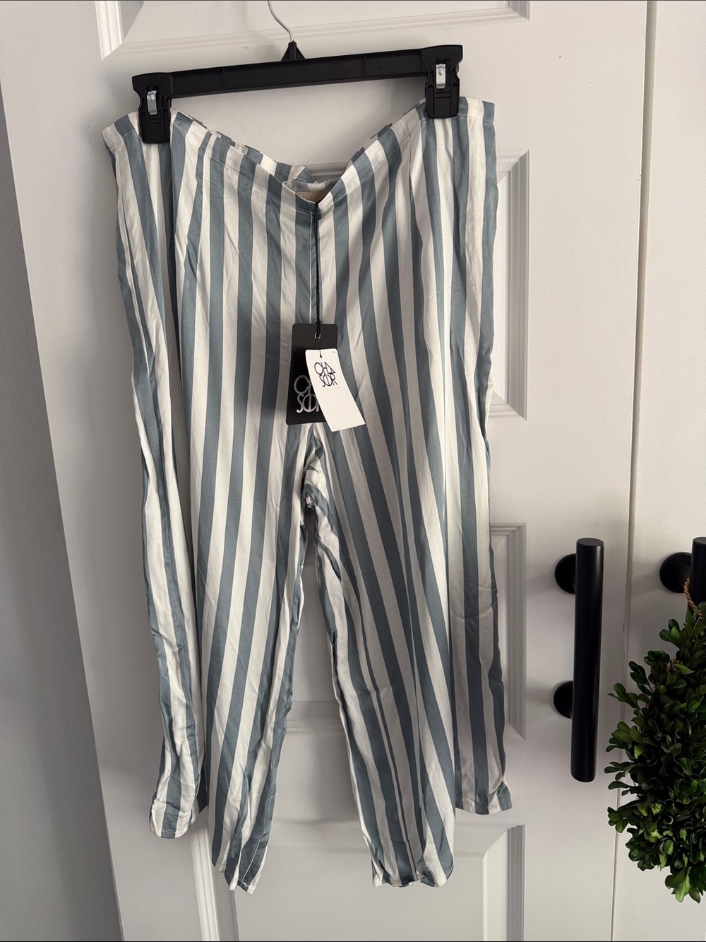 Striped Wide-Leg Lounge Pants in blue gray and White